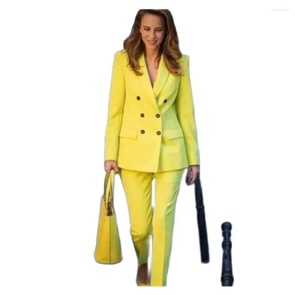 Calças femininas de duas peças Street Power Lazer Slim Fit Blazer Amarelo Double Breasted Mulheres Ternos Noite Party Jacket Outfit Wedding Wear 2