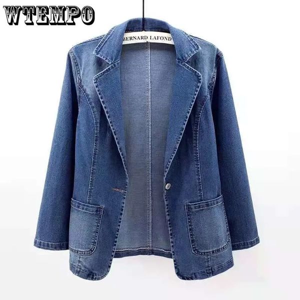 WTEMPO женское джинсовое пальто на одной пуговице, прочный кардиган больших размеров, женские джинсовые байкерские куртки средней потертости, весенне-осенний блейзер 240119