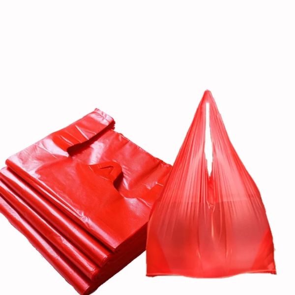 50 Stück rote Plastiktüte, Supermarkt, Lebensmittel, Geschenk, Einkaufen, dick, mit Griff, Weste, Küche, Aufbewahrung, sauberer Müll, 240125