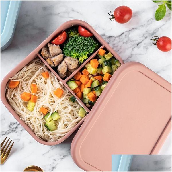 Scatole per il pranzo Borse Sile Box Bento Viaggi all'aperto Contenitore per alimenti portatile Scatole per bambini Forno a microonde Rettangolare Dinne a tre celle Otdxg