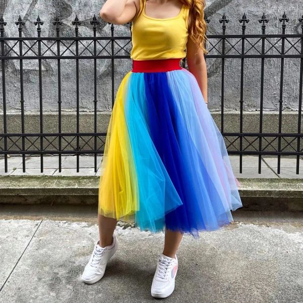 Estoque 5 camadas de saia de tule anágua multicolorido arco-íris tutu despedida de solteira roupas de dama de honra formal vestido casual CPA5716