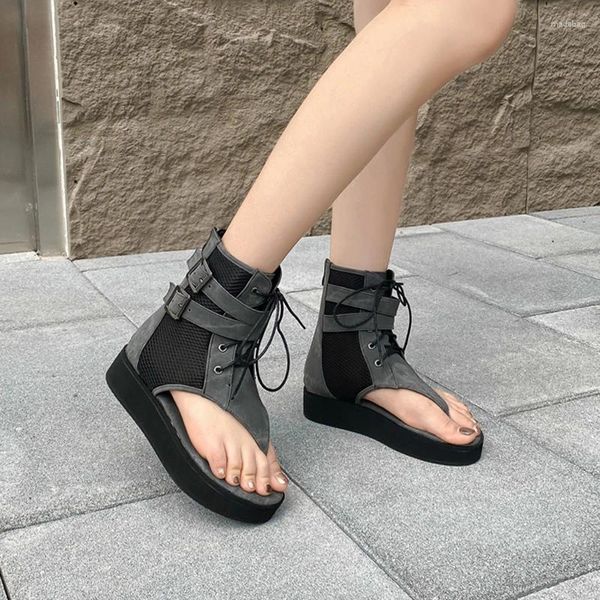 Sandalet mavi platform flip flop tongs femmes 4cm kama topuk yüksek üst ayakkabılar yaz ayak bileği botları kadın örgü fermuarlı gladyatör