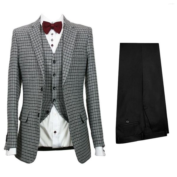 Ternos masculinos de 3 peças terno único breasted houndstooth jaqueta colete e calças pretas para jantar de negócios