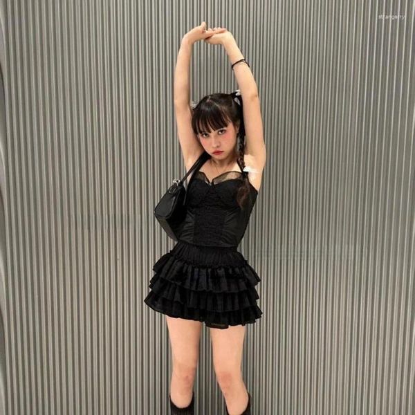 Saias lolita saia gótica com shorts mulheres japonês kawaii preto cintura alta plissado retalhos bonito sexy mini streetwear
