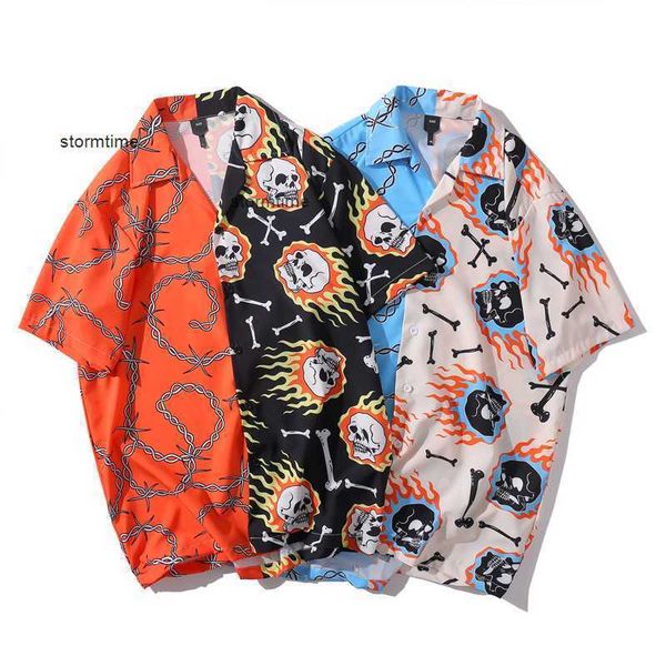 Camisa hip hop masculina, camisa havaiana de caveira com corrente de fogo, harajuku, camisa de praia, verão, manga curta