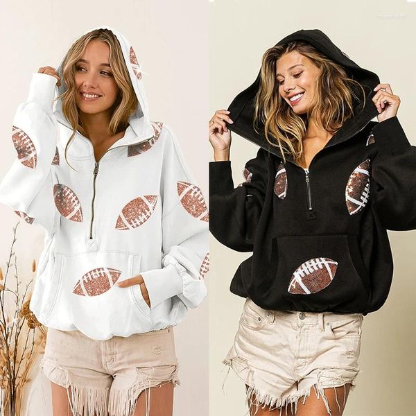 Felpe con cappuccio da donna Felpe con paillettes rugby Felpa con cerniera femminile con coulisse Pullover a maniche lunghe Giacca ampia Abbigliamento casual da strada per donna