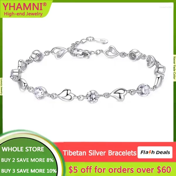 Braccialetti a maglie Bianco reale Puro argento tibetano Zircone Amore Cristalli a forma di cuore per le donne Regalo di San Valentino Festa di nozze Gioielli carini