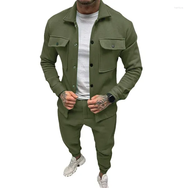 Männer Trainingsanzüge Jacke Cargo Hosen Set Mit Tasche Knopf Frühling Herbst Wildleder Trainingsanzug Einfarbig Männliche Mode 2 Stück anzug