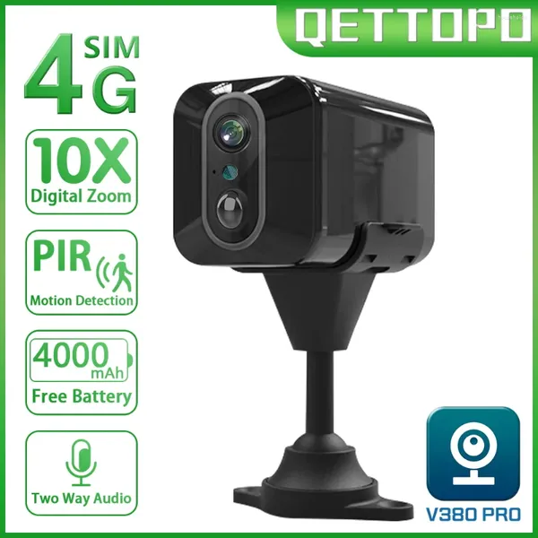 Qettopo 5MP 4G SIM Card Mini telecamera Batteria incorporata Rilevazione movimento PIR Sicurezza interna CCTV Sorveglianza WIFI V380 PRO