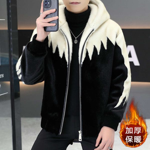 Designer Inverno Dourado Mink Fleece Jacket Mens Preto e Branco Cor Combinando Pele Capuz Integrado Engrossado Quente Juventude Roupas 1692