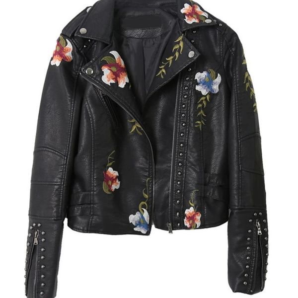 Autunno stampa floreale ricamo finta giacca in pelle morbida donna pu cappotto moto femminile nero punk cerniera rivetto capispalla 240125