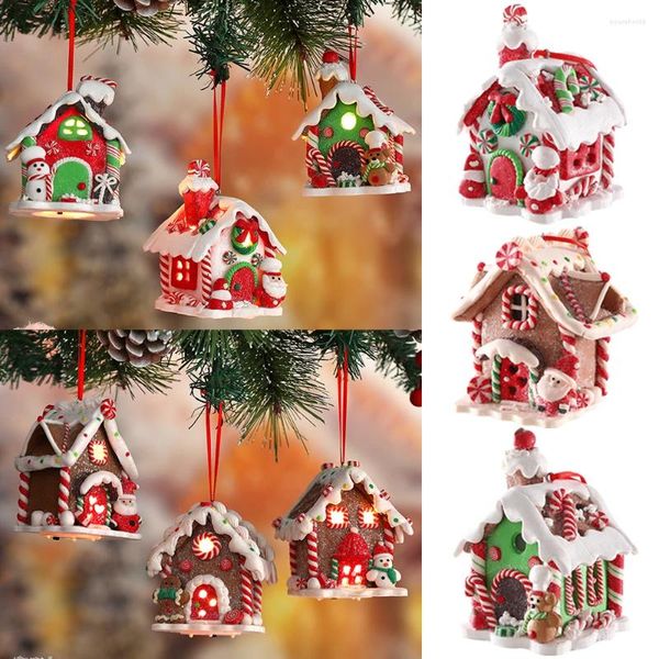 Decorações de natal brilhantes, casa de doces de resina fofa com luzes, homem-biscoito, papai noel, árvore de natal, ornamento pendurado, navidad