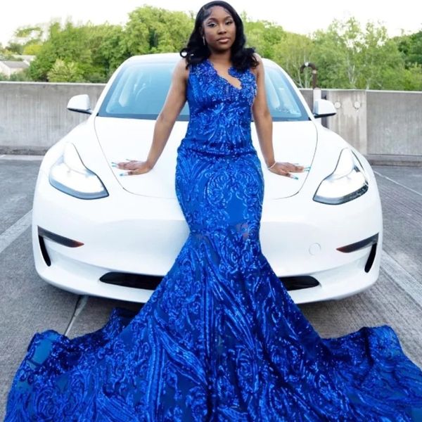 Abiti da ballo blu con sirena reale con paillettes 2024 Collo trasparente Plus Size Perline Abiti da festa di compleanno per ragazze nere Donne africane senza schienale Abiti di gala