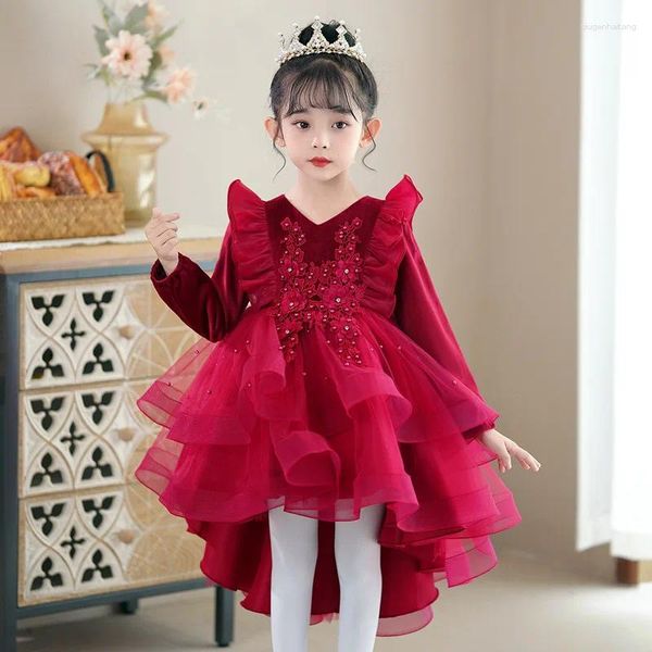 Vestidos de menina vermelho apliques manga longa assimétrico em camadas flor meninas princesa ocasião especial traje personalizado 2024
