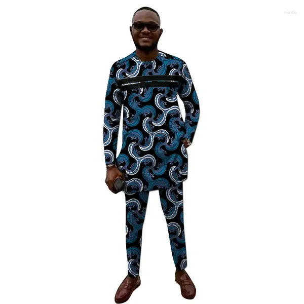 Abbigliamento etnico Stampa africana Camicie lunghe da uomo Pantaloni Set di pantaloni su misura Nigeria Abiti da sposo maschili di moda Abiti da festa taglie forti