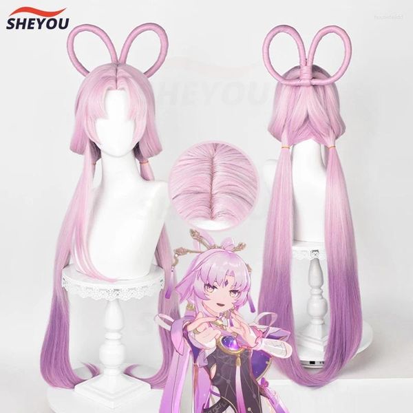 Fontes de festa fu xuan cosplay perucas jogo honkai estrela ferroviário longo luz rosa gradiente roxo resistente ao calor peruca de cabelo sintético boné