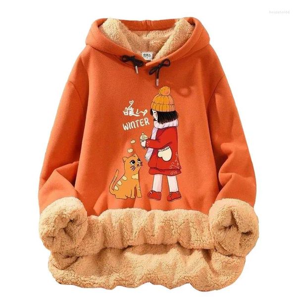 Hoodies femininos inverno engrossar cashmere casaco de pelúcia moletom feminino solto jaqueta bolso dos desenhos animados bonito gato pullovers gota-ombro com capuz