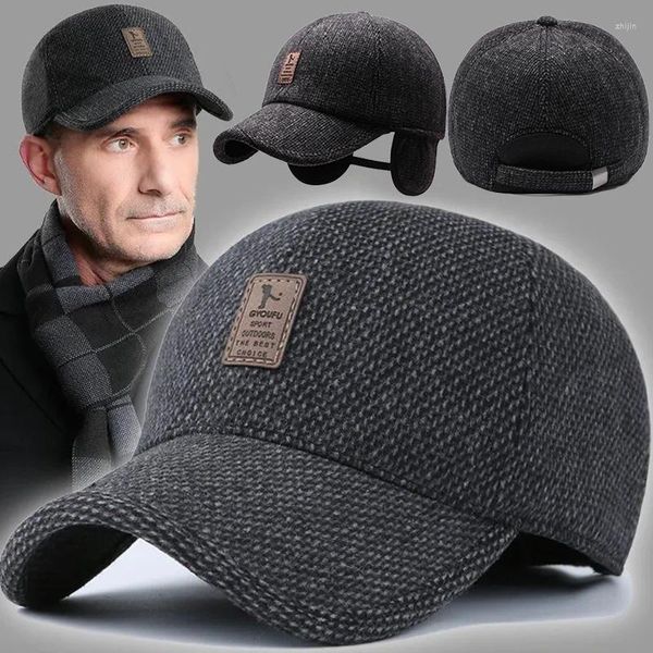 Bonés de bola inverno quente pai chapéu boné de beisebol masculino com earflap engrossar algodão snapback proteção de orelha à prova de vento chapéus de malha para homem