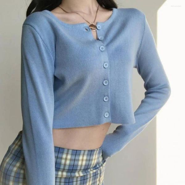 Maglieria da donna O-Collo coreano Maglioni lavorati a maglia corti Cardigan da donna Manica lunga Protezione solare Aperta sul davanti Abbottonatura Crop Top Pullover Camicia