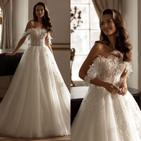 Simples brilhante vestidos de casamento lantejoulas apliques vestidos de noiva fora do ombro uma linha rendas até vestidos de noiva feitos sob encomenda mais tamanho