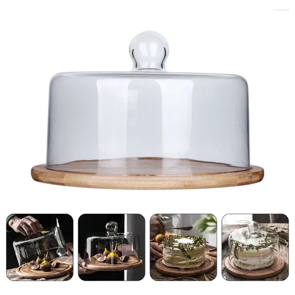 Envoltório de presente Cúpula de vidro transparente Cloche com base de madeira Tay Handle Bell Jar Bolo Display Case Mesa Central para Sobremesa Queijo