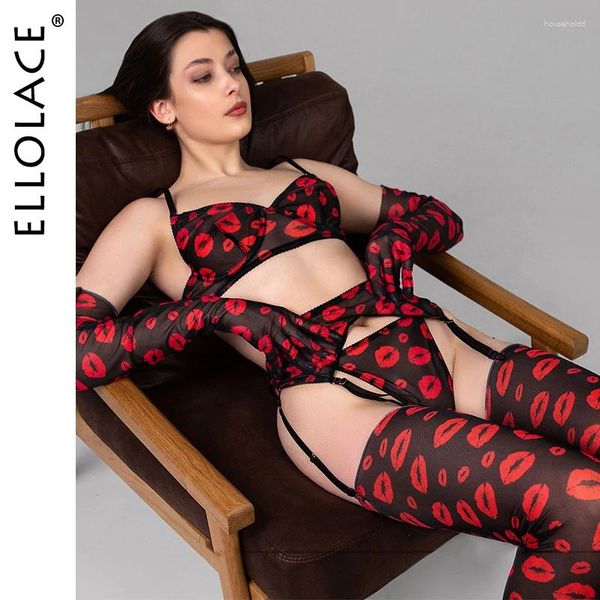 Conjuntos de sutiãs Ellolace Red Lips Lingerie Sensual Lace Underwear 5 peças Erótico Transparente Bilizna Set Seamless Intim Goods Fantasia Exótica