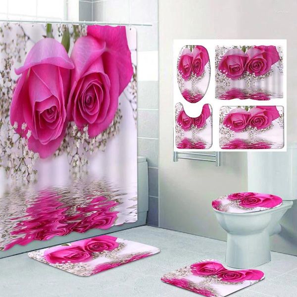 Tende da doccia San Valentino Tenda rosa HeartBath Set Tappeto da bagno antiscivolo impermeabile Toilette U con 12 ganci Home Deco Nave gratuita