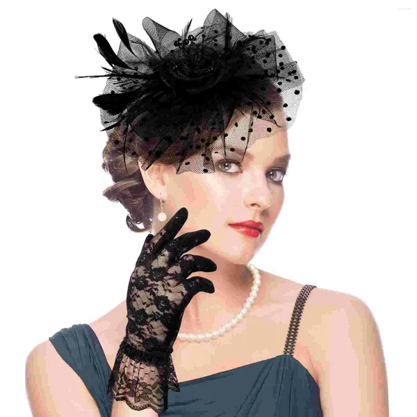 Bandanas 1 Set Fascinators Stirnband Mädchen Teeparty Zubehör Spitze Mesh Handschuhe Perlenkette Ohrringe (Schwarze Blume)