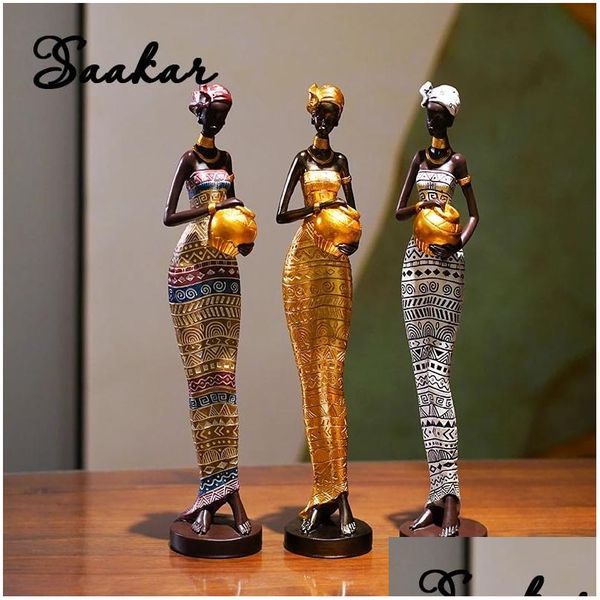 Objetos Decorativos Estatuetas Saakar Resina Pintada Estátua Preta Decoração Retro Mulheres Africanas Segurando Y Pots Home Quarto Desktop Colle Dhldv