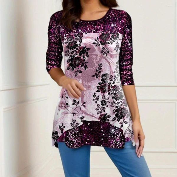 Camicette da donna Primavera Autunno Moda T-shirt con paillettes Manica lunga Stampa floreale per le donne Girocollo Orlo irregolare Lunghezza media Top sciolto