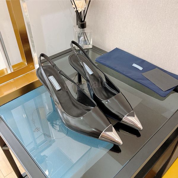 Luxuriöse Slingback-Pumps mit dreieckigem Logo, hohe Stiletto-Absätze, Designer-Kleiderschuhe aus echtem Leder, Damen-Schuhe mit spitzer Zehenpartie, modische Büro-Party-Hochzeitsschuhe mit Box