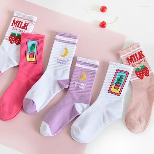 Damensocken, japanische Baumwolle, bunt, Cartoon, niedlich, lustig, glücklich, Kawaii, Mond, Erdbeere, Kaktus, für Mädchen