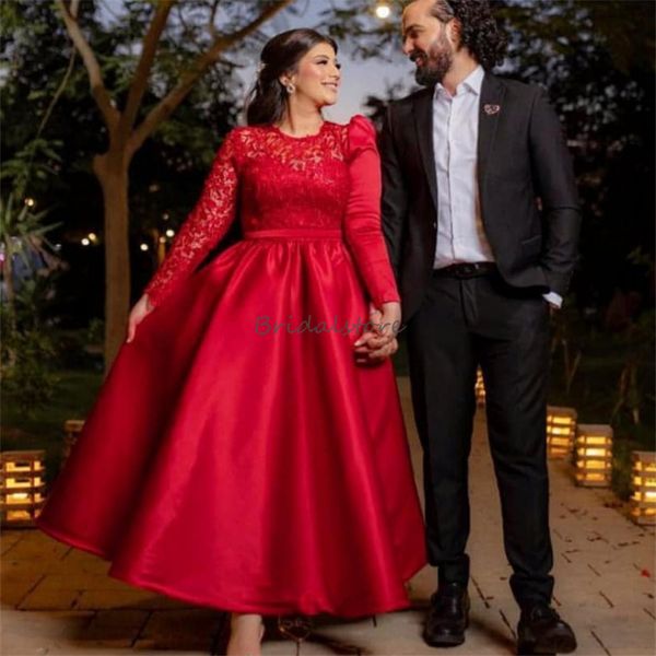 Elegante arabische rote Abendkleider Midi-Langarm-Spitzen-Abschlussballkleid O-Ausschnitt Langarm A-Linie Cocktail-Partykleider 2024 Empfang Zweites Partykleid Vestios De Gala