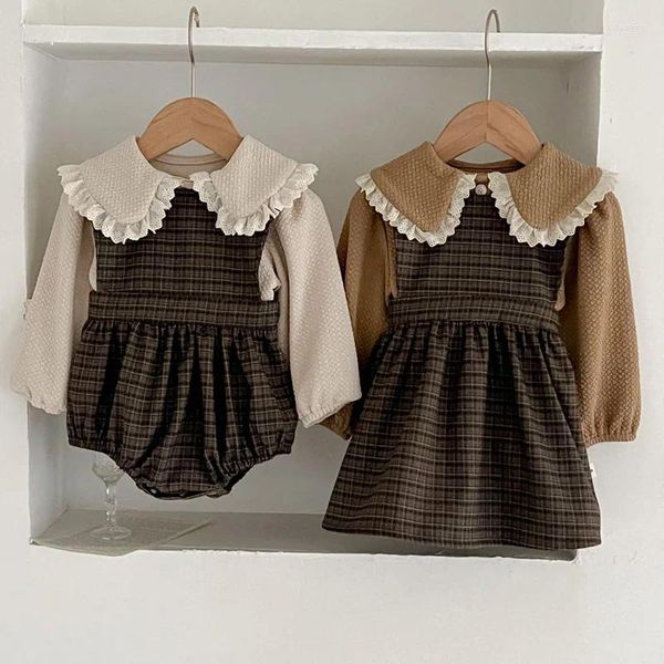 Mädchen Kleider 2024 Frühling 0-4Yrs Schwestern Kleidung Kinder Party Kleid Geboren Baby Overall Ärmellose Baumwolle Plaid Prinzessin