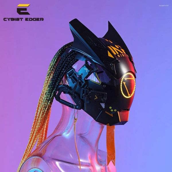 Fontes de festa Cyber Punk Máscara Amarelo LED Festival Samurai Circular Cosplay SCI-FI Capacete Com Cabelo Presentes de Halloween para Adultos