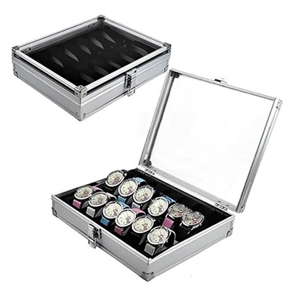 Caixa de relógios de alumínio útil 12 grade slots jóias relógios exibição caixa de armazenamento quadrado camurça dentro retângulo suporte de relógio 240124