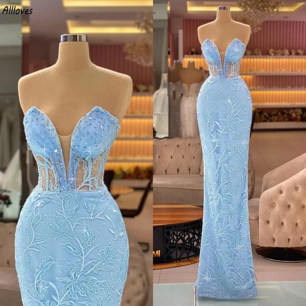 Hellhimmelblaue Spitze-Meerjungfrau-Abendkleider, glänzende Pailletten, herzförmiges Korsett, formelle Partykleider für Damen, bodenlang, Aso Ebi Verlobungskleid für den zweiten Empfang, CL3284