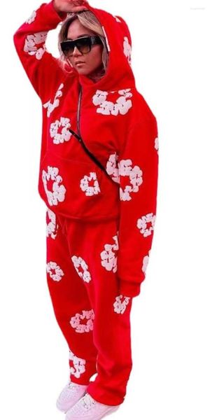 Moletons femininos 2024 Tendência: Harajuku Red Floral Hoodie Tridimensional Espuma Impressão Rua Homens e Mulheres Casual Solto Plus Y2k Moletom