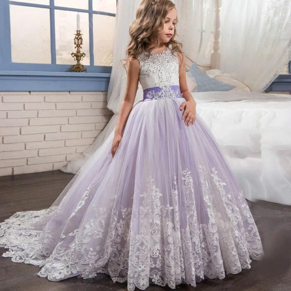 Conjuntos de roupas Rindu Cross Border Vestido Infantil Malha Princesa Casamento Lace Frisado Trail Long Girls' Evening