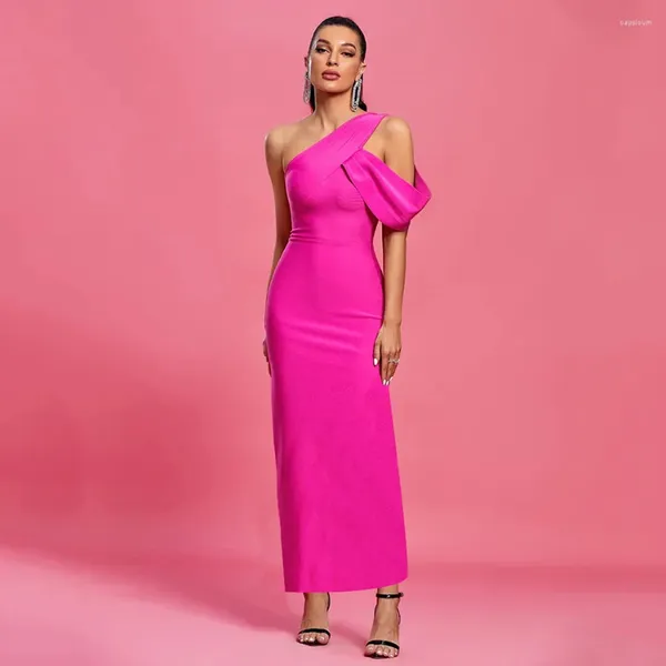 Vestidos casuais sexy gola diagonal de um ombro sem alças bandagem rosa vestido fino vermelho