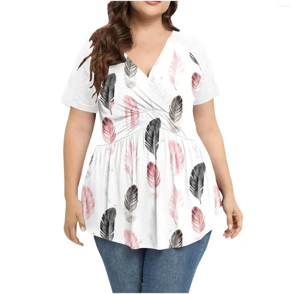 T-shirt da donna Camicetta da donna di grandi dimensioni Cuciture in pizzo T-shirt stampata con piume Manica corta Scollo a V Top ampio Tunica Vita elastica Bluz