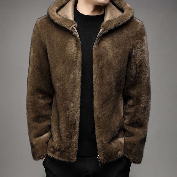 Cappotto di pelliccia da uomo invernale di design alla moda su due lati con pile di visone integrato verde e di mezza età spesso HDLJ