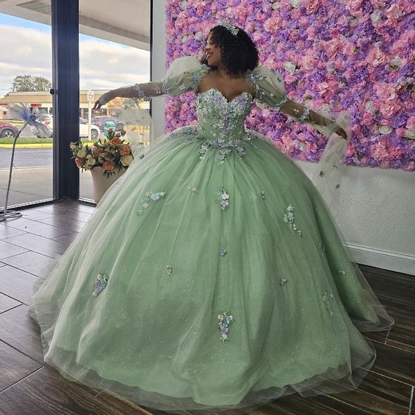 Verde salvia lucido principessa Quinceanera abito applique in pizzo tull manica a sbuffo abito da ballo corsetto dolce 16 abiti da 15 anos