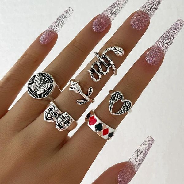 Cluster Ringe Vintage Emaille Schlange Ring Set für Frauen Punk Schmetterling Herz Rose Blume Flügel Charme Knuckle Weibliche Retro Schmuck