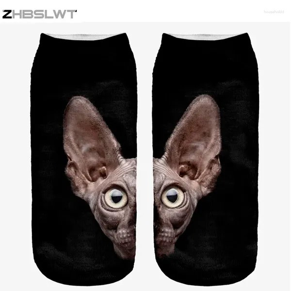 Meias femininas zhbslwt impressão 3d animal sphynx gato calcetines casual personagem bonito baixo corte tornozelo múltiplas cores harajuku