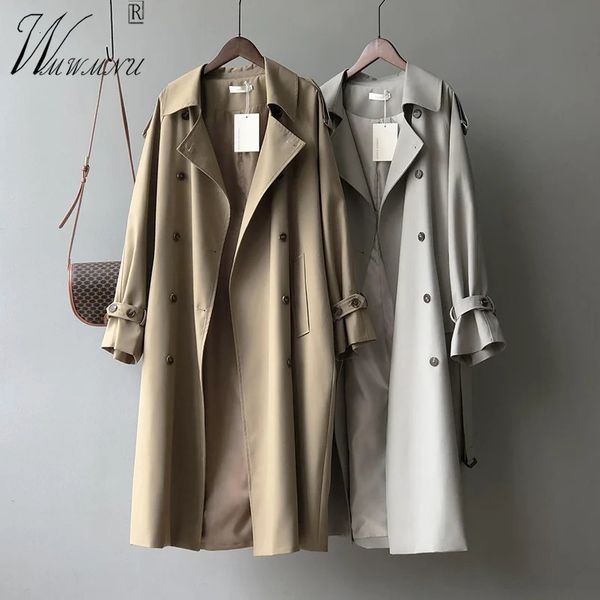 Trench lungo con cintura classica Donna taglia grande 80 kg Giacca a vento doppio petto coreana Gabardinas foderata kaki Capispalla primaverili 240202