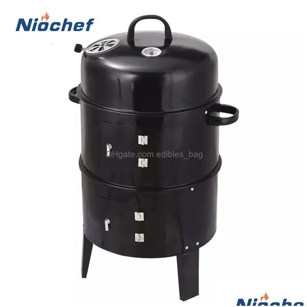 Griglie per barbecue Griglia rotonda Fornello a carbone Pancetta all'aperto Portatile 3 in 1 Barbecue Doppio piano Fumatore Forno Cam Picnic Strumento di cottura Drop De Dhibx