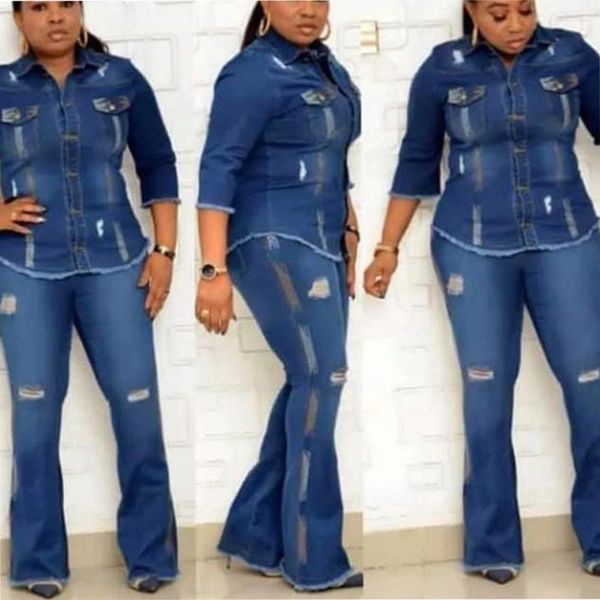 Zweiteilige Hosen für Damen, 2-teiliges Jeans-Set für Damen, mit Knöpfen, lange Hose, Schlaghose, aushöhlen, hochwertiges Denim-Damentuch