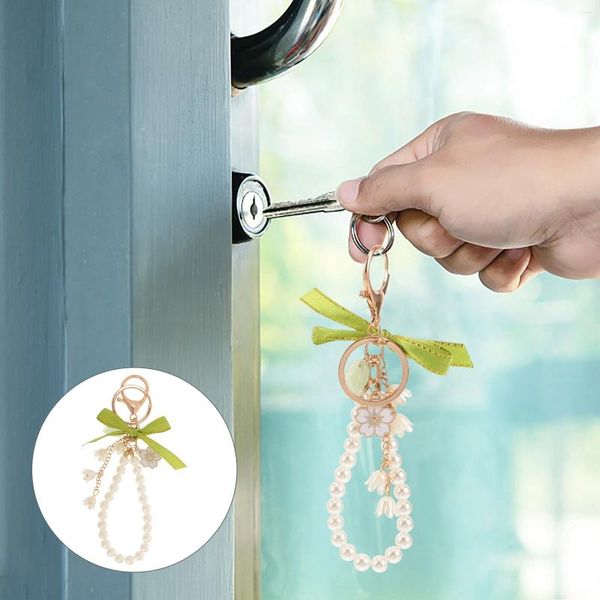 Anahtarlıklar Lily Keychain Kız Çanta Çanta Çanta Çanta Japon Koreli Kızlar Çiçek Çiçek Çinko Alaşım Bow İnci