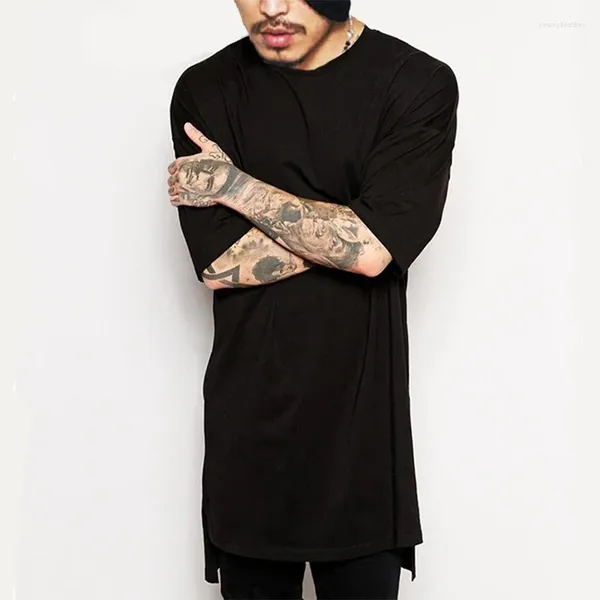 Camiseta masculina oversize manga curta grande arco hem fenda lateral longline camiseta topo streetwear hip hop cor sólida em torno do pescoço camiseta homem